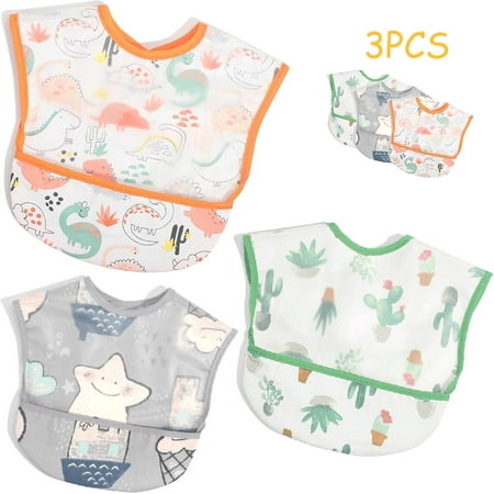 

Dsseng 3Pcs Baby Bib for Boys and Girls w/ Food Catcher Pocket - Waterproof Wipe Clean Machine Wash Fast Drying