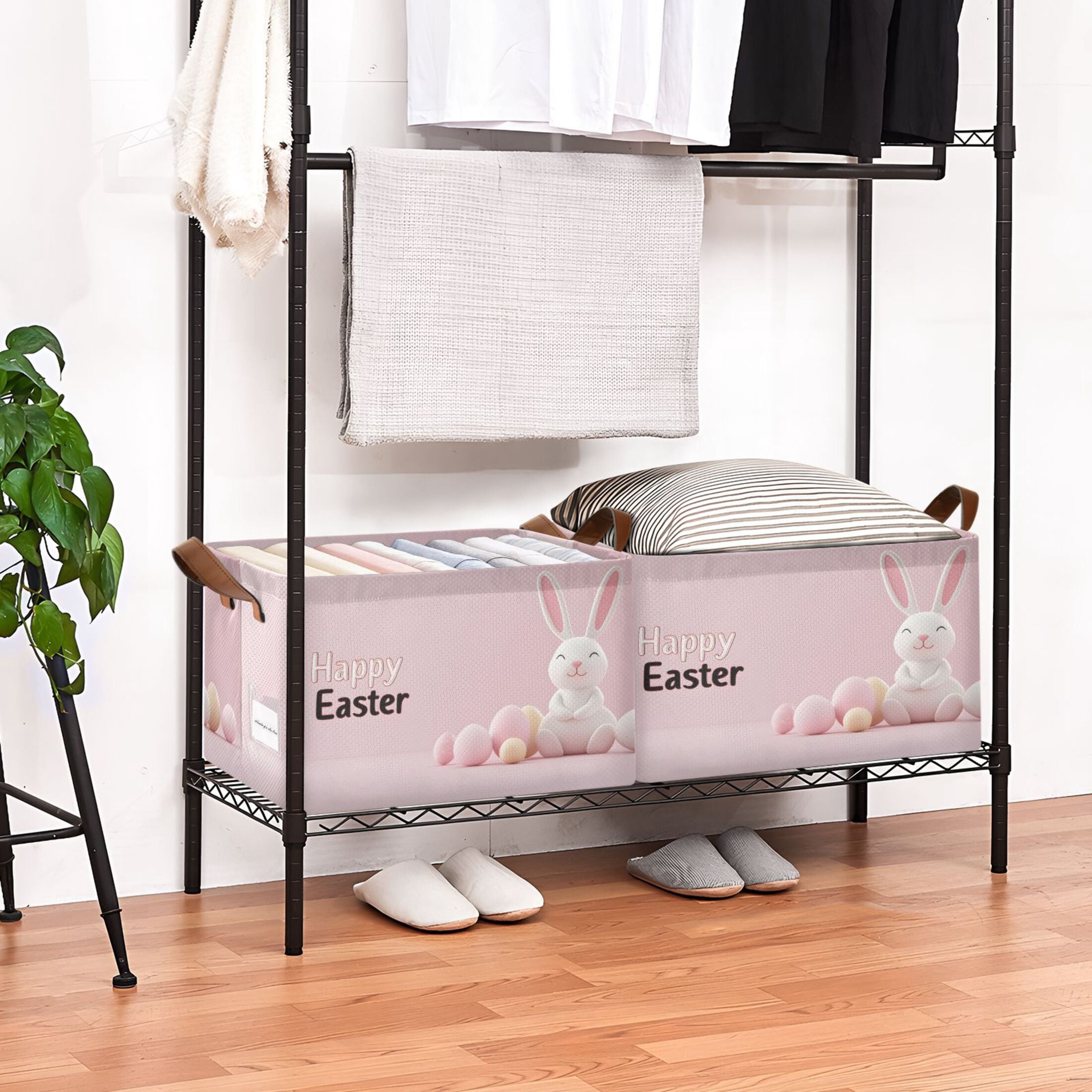 Ryvnso Cute Happy Easter Rabbit Storage Bins Large Basket Foldable Cube Toys Organizer with Handles 2 PCs