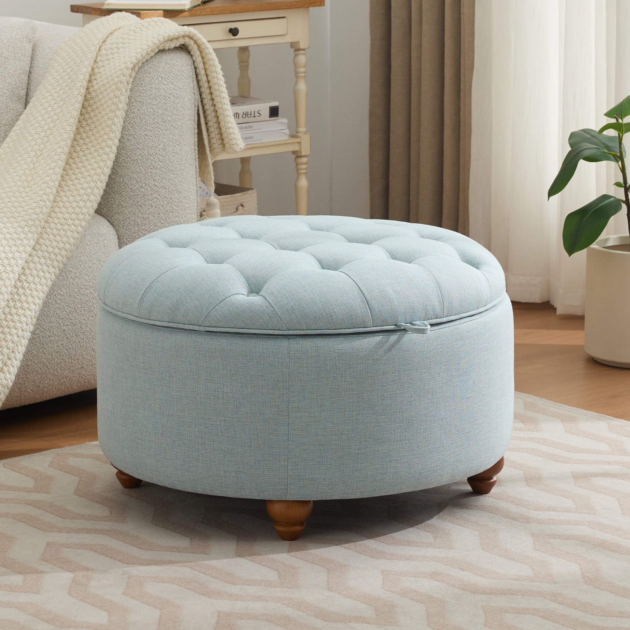 30Inch Round Storage Ottoman with Tray, Modern Tufted Fabric Circle Coffee Table with Storage, Upholstered Ottoman with Removable Top for Living Room, Bedroom, Blue