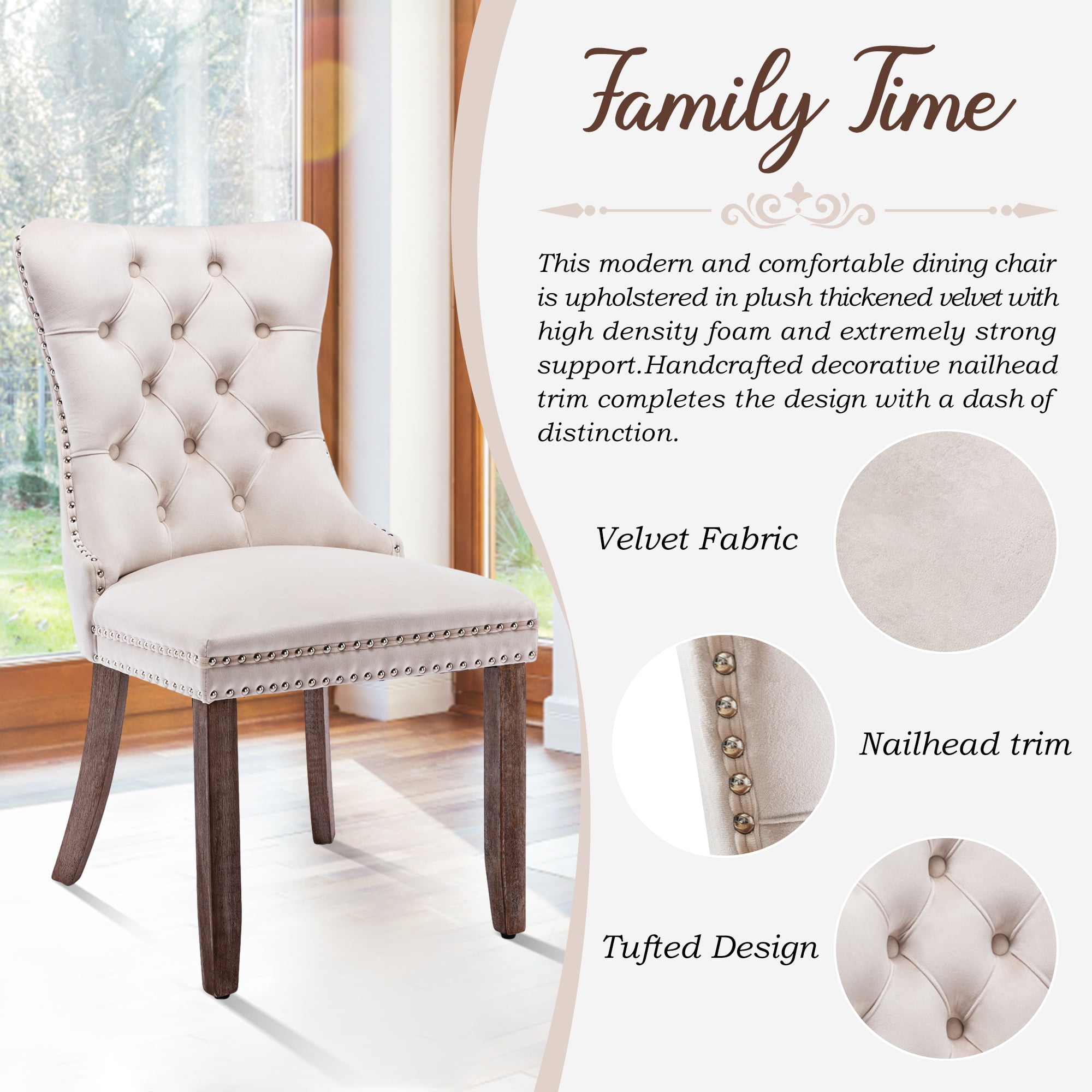 DONICK Velvet Beige Upholstered Dining Chairs Set of 2, Kitchen & Dining Room Chairs Nailheads Tufted Soft Solid Wood Frame