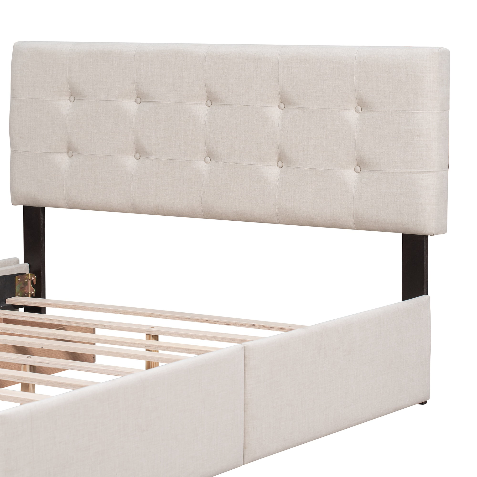 PAPROOS Queen Platform Bed Frame with Storage, Upholstered Platform Bed with Tufted Button Headboard and 4 Drawers, No Box Spring Needed, Queen Size Bed Frame for Adults, Beige