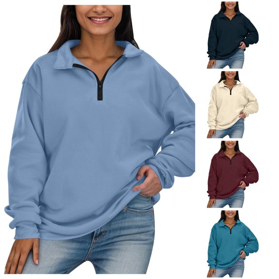 MEZZALL Women Sweatshirts Solid Color Long Sleeve Half Zip Lapel Collar Athletic Stylish Comfortable For All Day Wear Basic Daily Outdoor Breathable Travel Tops