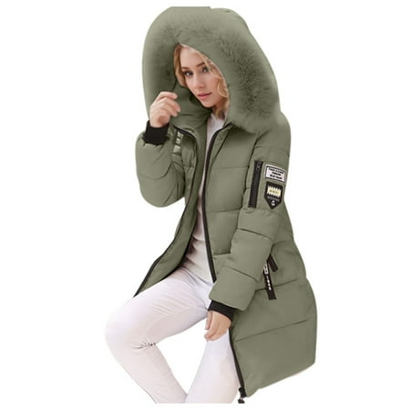 MIASHUI Cotton Parka Women s Winter Slim Fit Down Cotton Coat Mid-Length Plus Size Outerwear Jacket for Women Green L