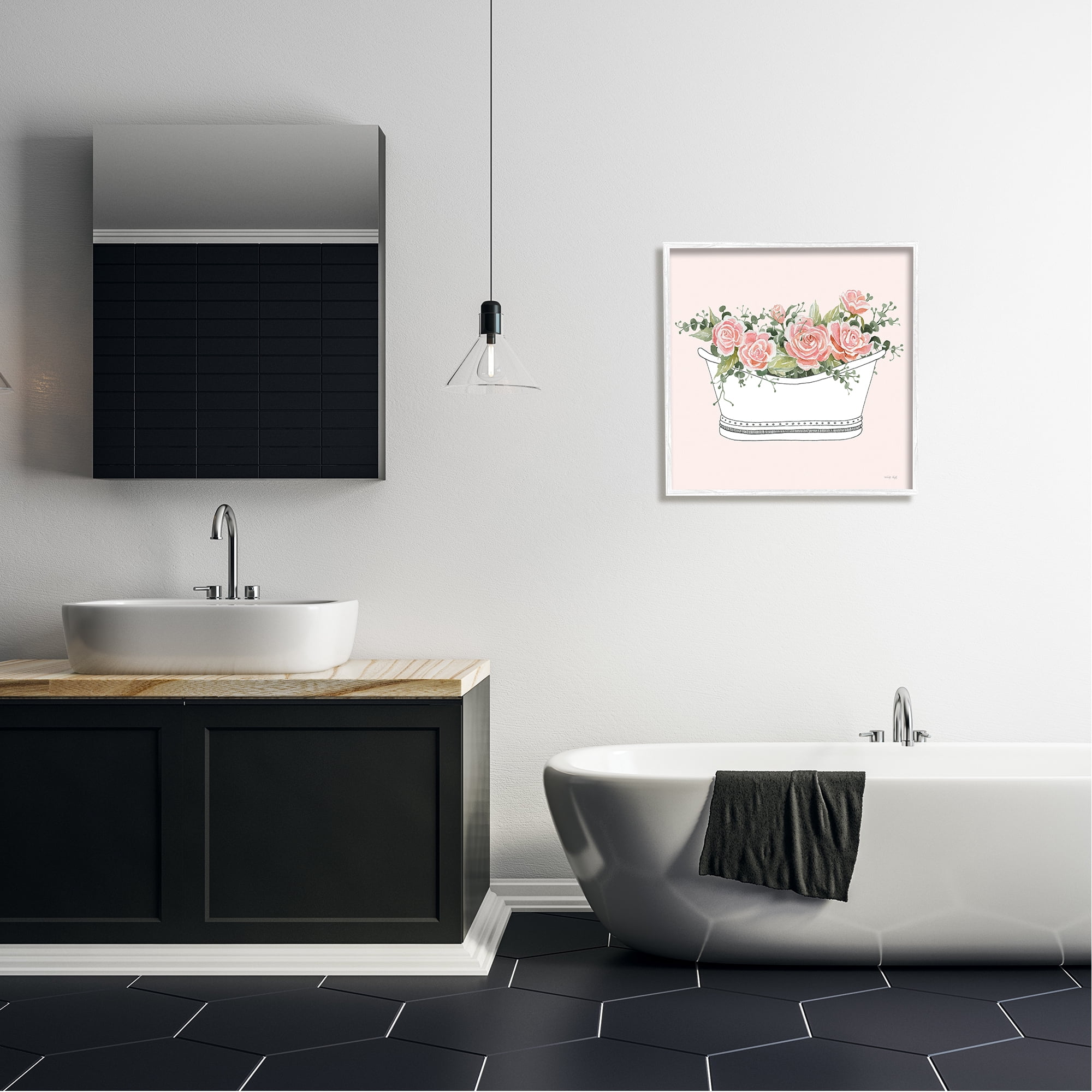 Stupell Industries Pink Rose Blossoms Casual Bathroom Bathtub Planter Graphic Art White Framed Art Print Wall Art, Design by Cindy Jacobs