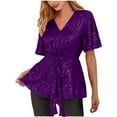 thumbnail image 4 of Women's Short Sleeve V Neck Wrap Belted Ruffle Peplum Blouse Tops, 2025, 4 of 6