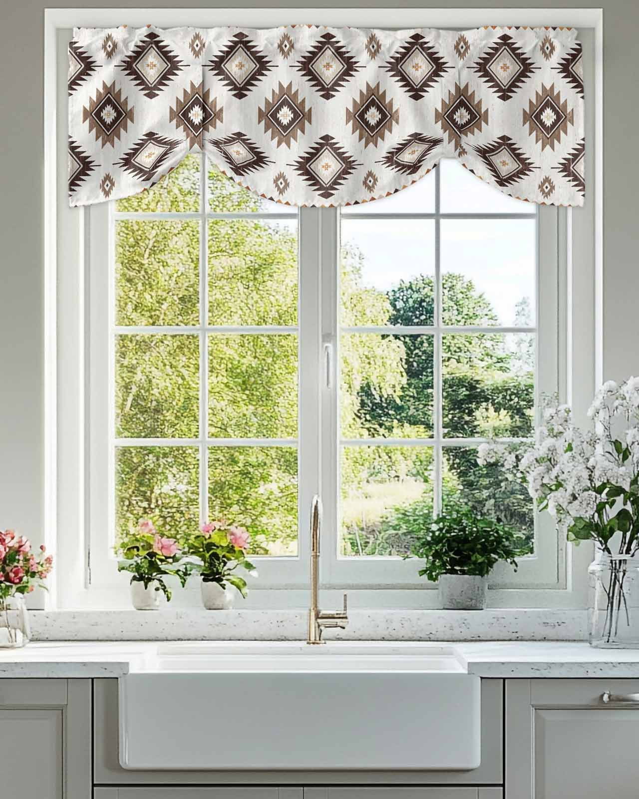 Khaki Brown Tie Up Valances Curtain, Adjustable Kitchen Aztec Ethnic Southwestern Native Geometric Valances for Windows Decor, Rod Pocket Short Curtains Set for Bedroom/Bathroom, 54"x18"