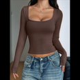 thumbnail image 4 of Camisas de Larga para Mujer, Tops Cortos, Cuello Cuadrado, Camisetas Básicas para Salir, Ropa de Invierno Y2K 2025 Marrón Oscuro M, 4 of 7