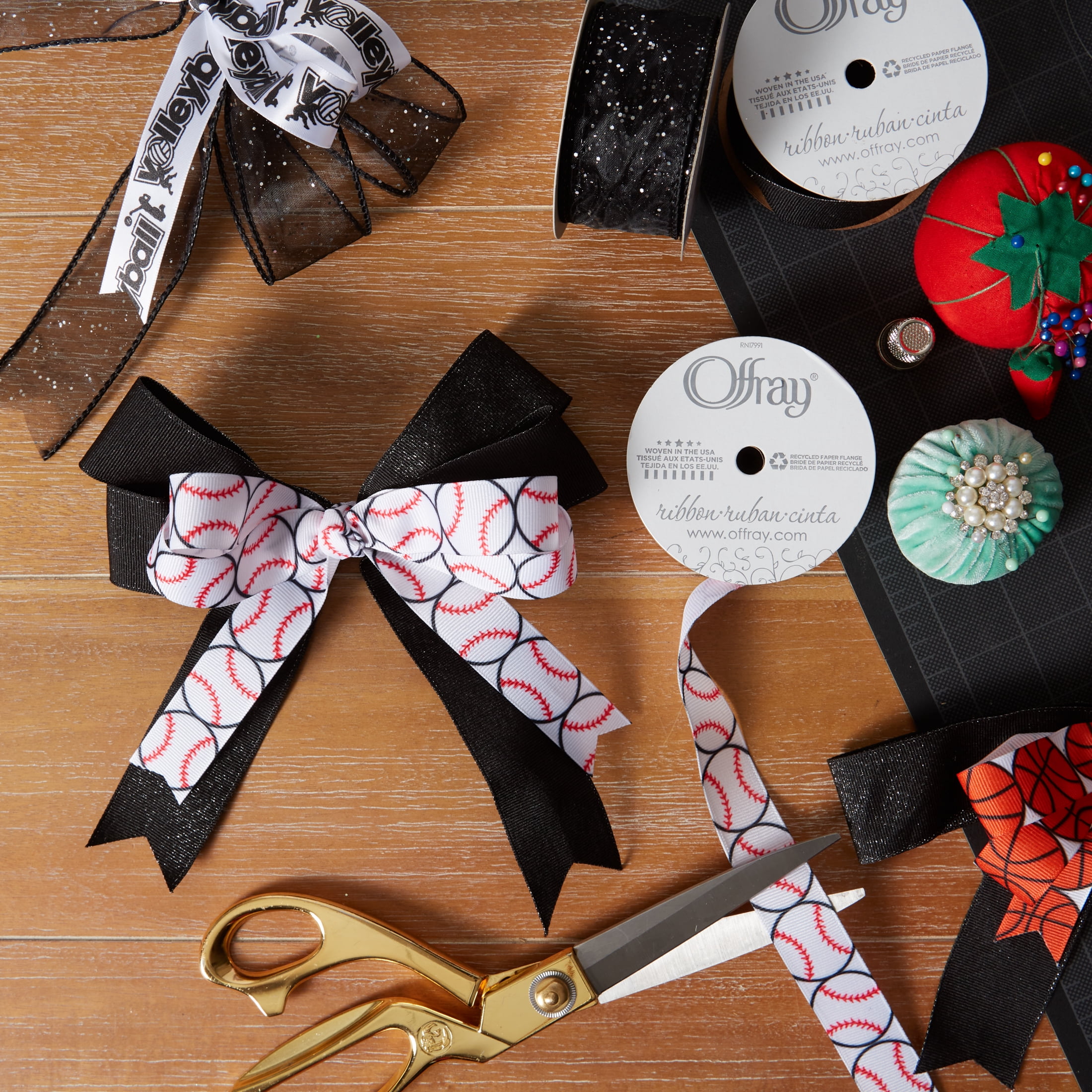 (4 pack) Offray Ribbon, Black White Red 7/8 inch Baseball Grosgrain Ribbon, 9 feet