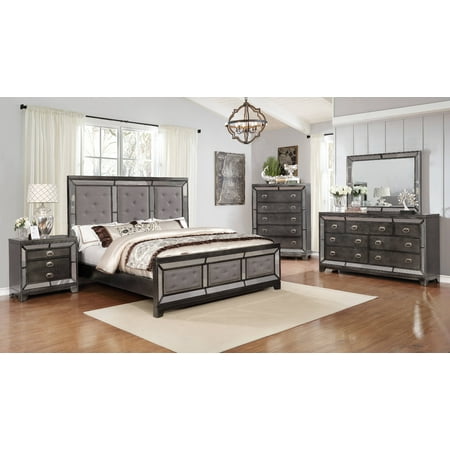 5pc Classic Bedroom set Tufted and Mirror Trimming (Bed, 2 NightStand, Dresser &