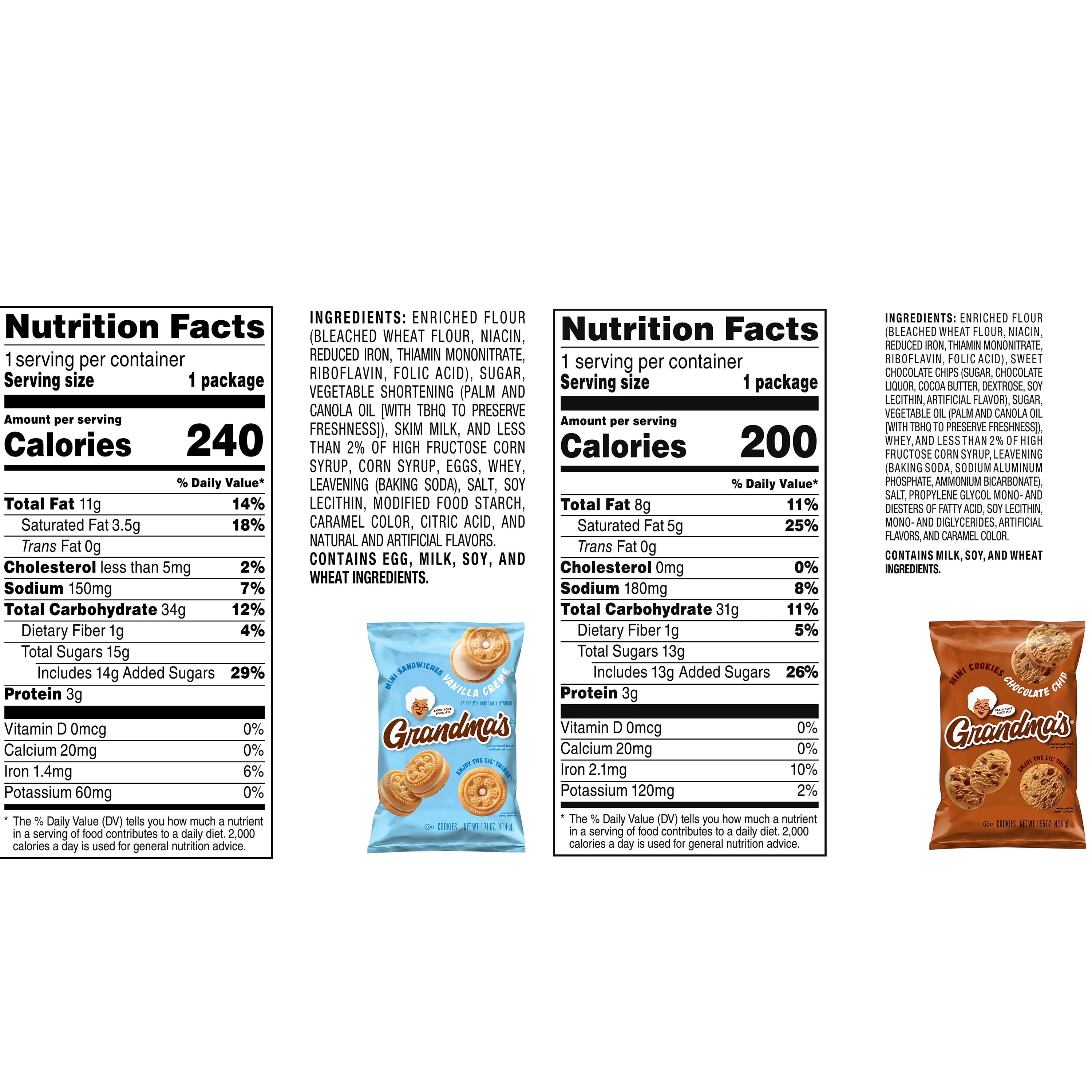 Grandma's Chocolate Chip and Vanilla Creme Flavored Mini Cookies, 30 Pack, (Packaging May Vary)