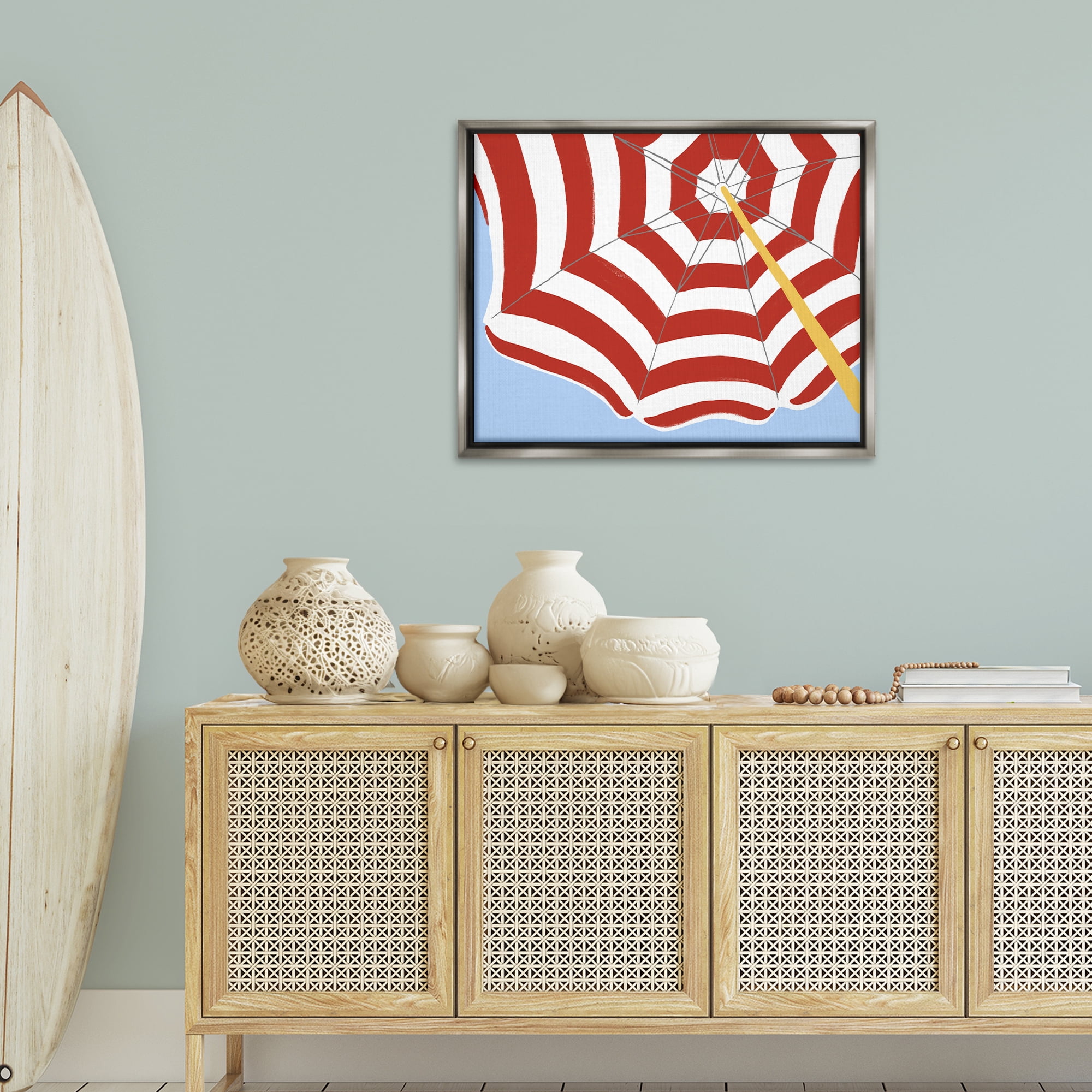 Stupell Industries Red & White Umbrella Coastal Painting Gray Floater Framed Canvas Art Print Wall Art, 31 x 25