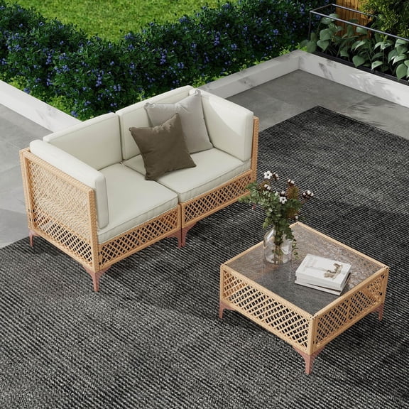 LYNSLIM 3-Piece Patio Furniture Set, Boho Outdoor Sectional Set, Patio Wicker Conversation Sectional Sofa with Large Tempered Glass Coffee Table, Thickened Seat Cushions & Backrests