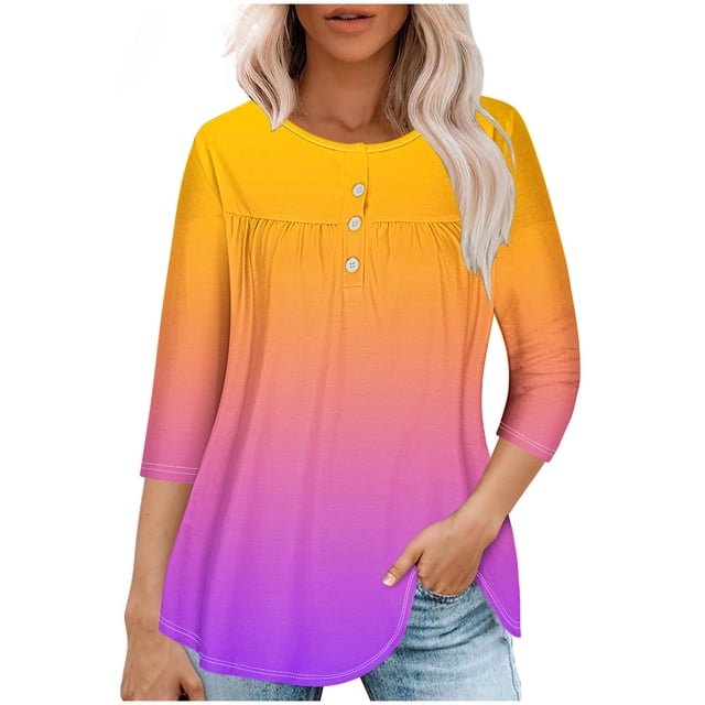 RXIRUCGD T-shirt Imprimé Décontracté d'Été pour Femmes Manches Trois-Quarts Col Rond Froncé Blouse, Violet, Taille : 2TG