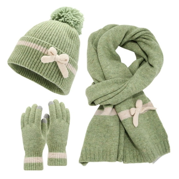 Bibifish Womens Hat Gloves Scarf Sets 3 Pc Bow Decorated Hat Scarf Gloves Three Piece Sweet Trendy Cold Warm Hat Sets For Ladies