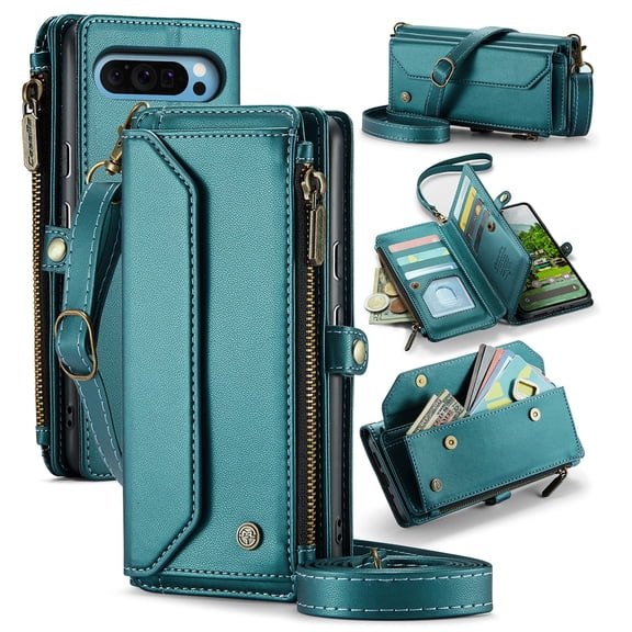 Crossbody for Google Pixel 10 / 10 Pro Case Wallet RFID Blocking with 10-Card Holder Zipper Bills Slot, Soft PU Leather Magnetic Shoulder Wrist Strap for Google Pixel 10 / 10 Pro Case Women, Green