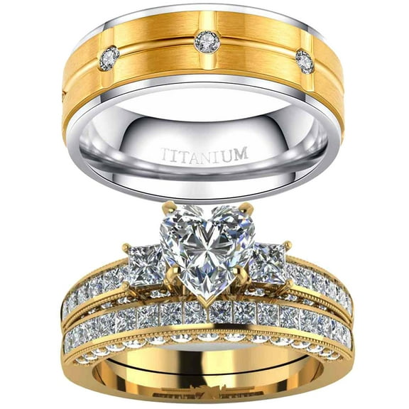 Matching Ring Couple Rings Yellow Gold Plated 1CT CZ Wedding Ring Sets Titanium Male Ring