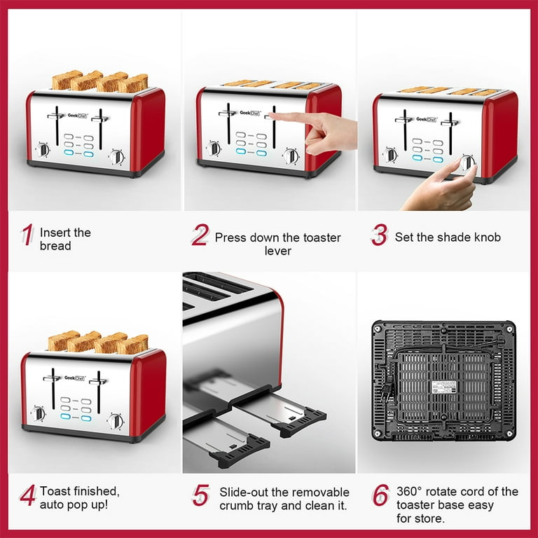 Geek Chef Stainless Steel 4-Slice Toaster: Extra-Wide Slots and Dual  Control Pa