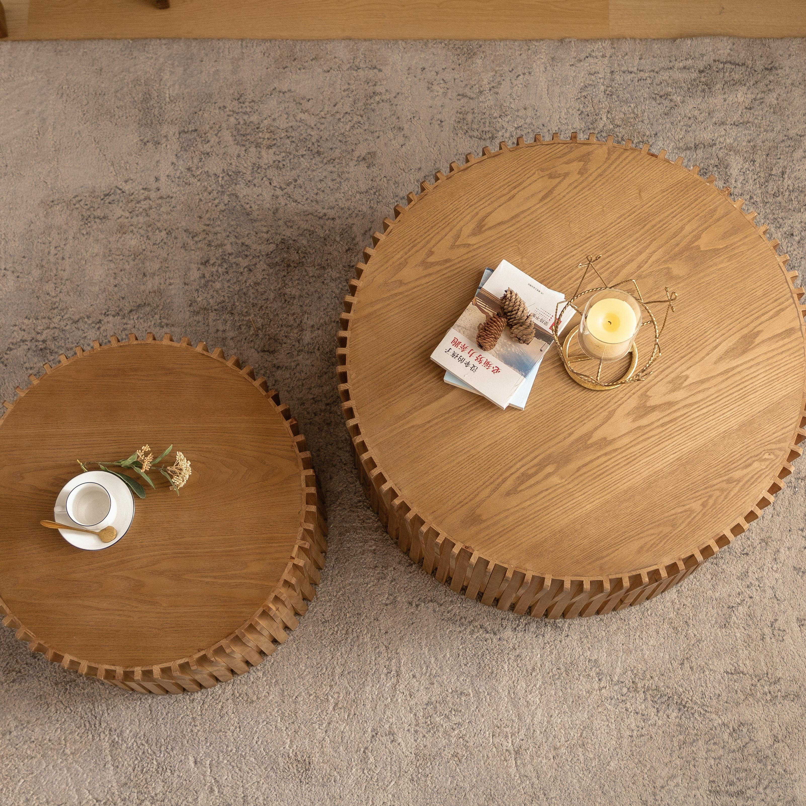 Vintage Fashion Style Cylindrical Nesting Coffee Table Set with Vertical Textured Embossed Design for Living Room, Office and Dining Room, Natural (Set of 2), Length 31.5" and 23.62"