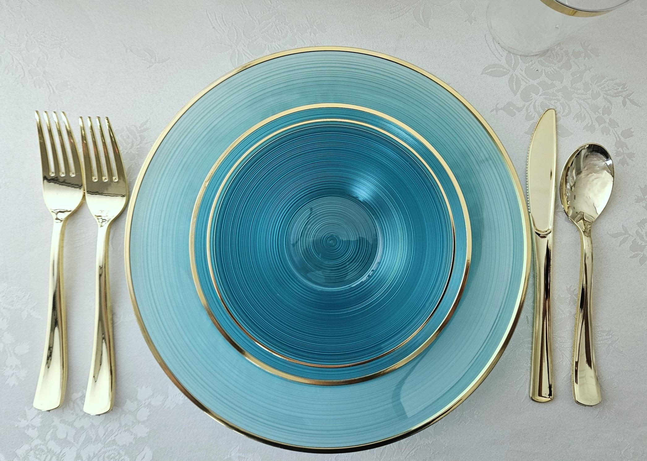 " OCCASIONS " 120 Plates Pack,(60 Guests) Premium Wedding Party Disposable Plastic Plates Set -60 x 10'' Dinner + 60 x 7'' Salad / Dessert (Belize, Aqua & Gold)