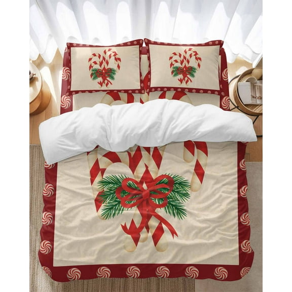 Christmas Candy Cane Bedding Duvet Cover Set Full Size 4 Pieces Red Beige Candy Winter Pine Branch Bedding Set with Zipper Closure, 1 Comforter Cover 86x86 Inches 1 Flat Sheet & 2 Pillow Cases