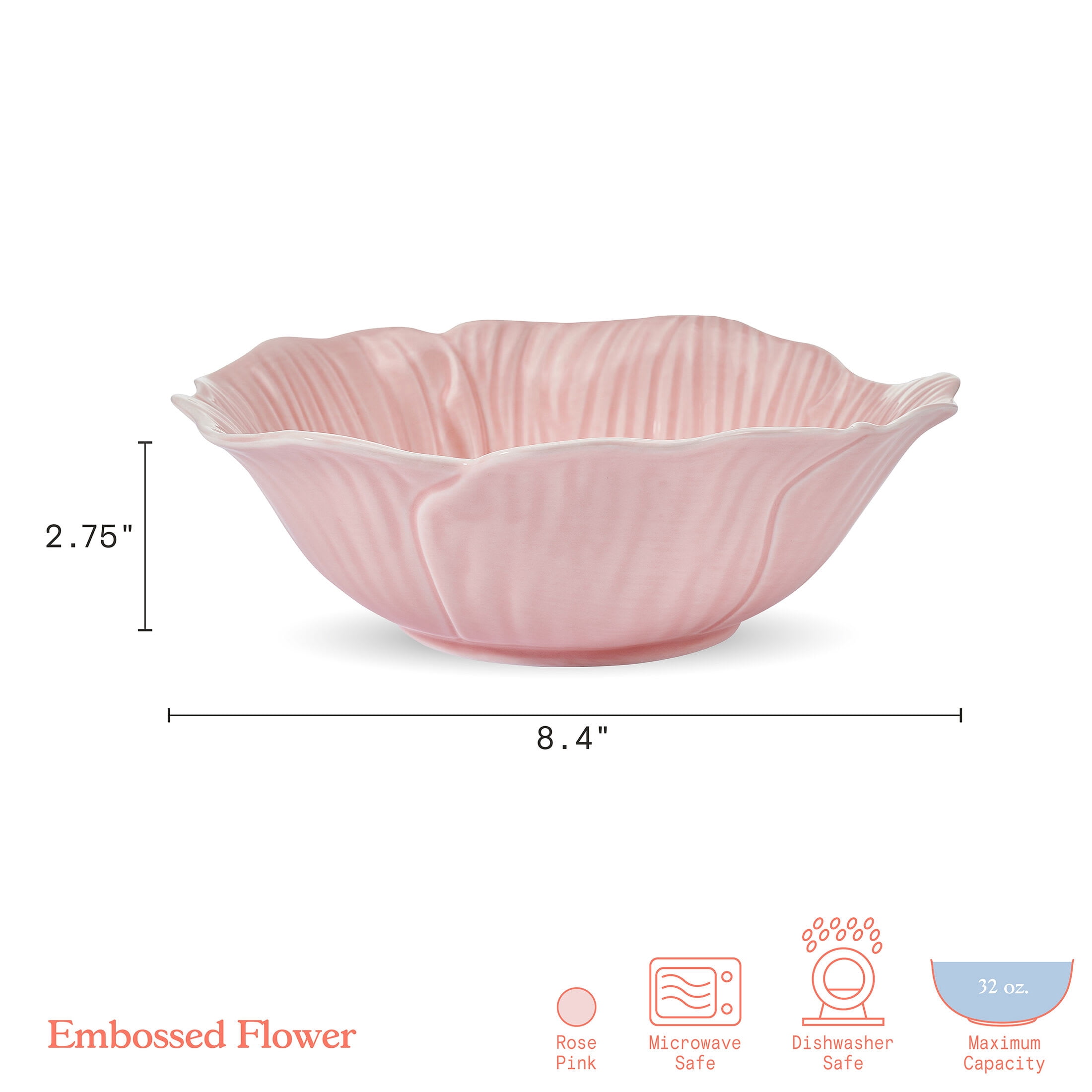 Beautiful by Drew Barrymore Embossed Flower Stoneware 31.5 fl oz Pasta Bowl Set, 4 Piece Pink