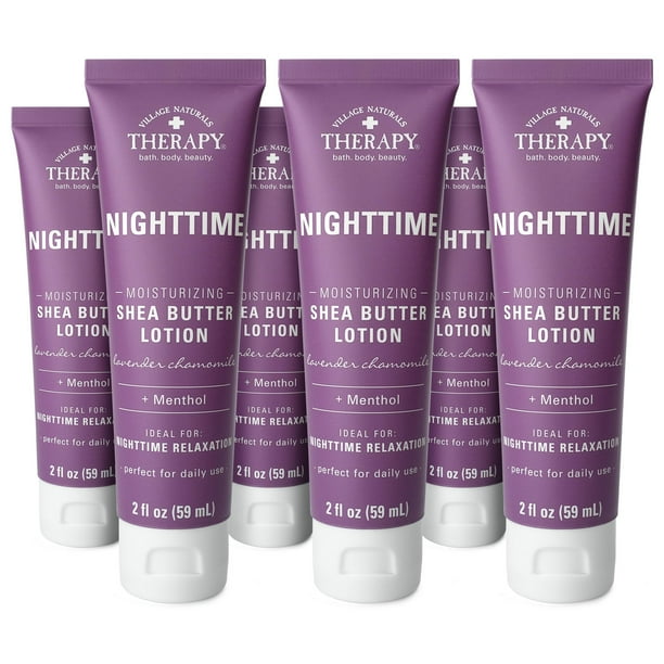 Village Naturals Therapy Loción hidratante nocturna de manteca de karité, lavanda, manzanilla, relajación diaria, paquete de 6