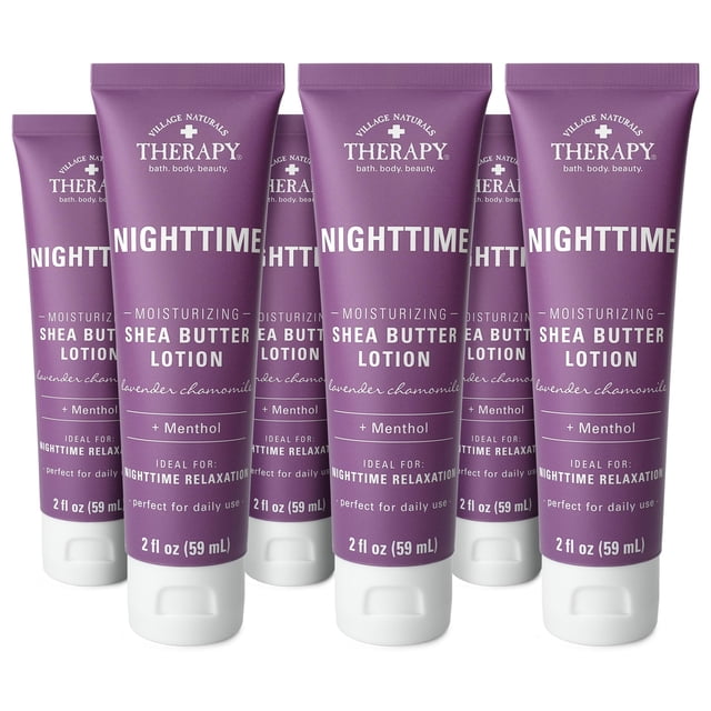 Village Naturals Therapy Loción hidratante nocturna de manteca de karité, lavanda, manzanilla, relajación diaria, paquete de 6