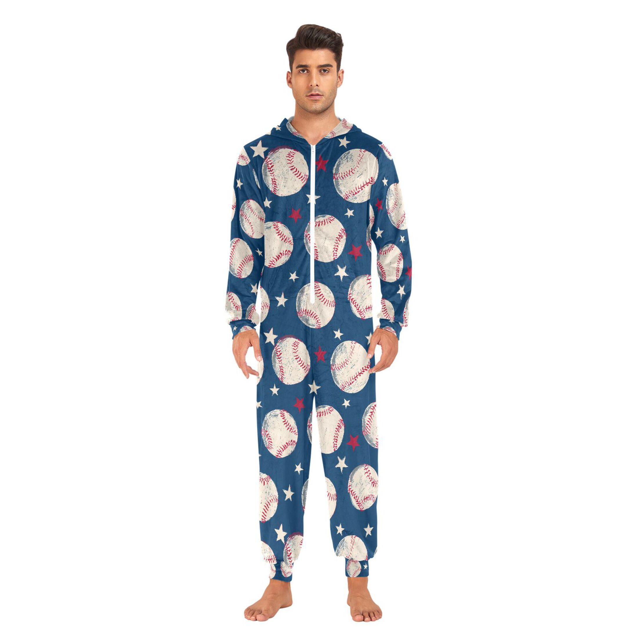 Adult Christmas Onesie Baseball Adult Zipper One-Piece Pajamas Unisex Pajamas with Pockets
