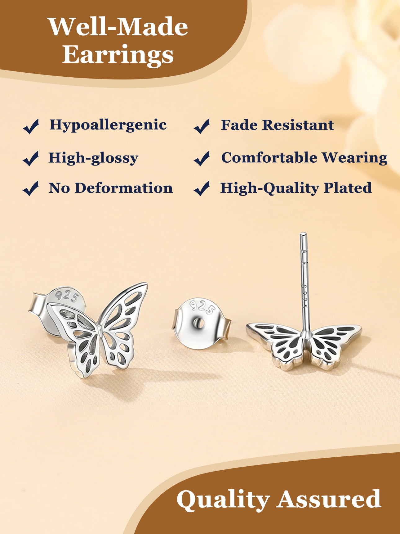 Suplight 925 Sterling Silver Hollowed Out Butterfly Stud Earrings, Dainty Butterfly Earrings for Women