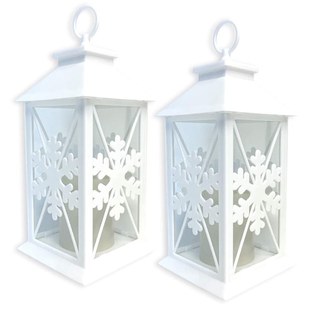 Snowflake Lighted Lanterns - Set of 2 White Lanterns with a Cut Out Snow Flake Design - LED Pillar Candle with 5 Hour Timer Included - LED Lantern - 13" H