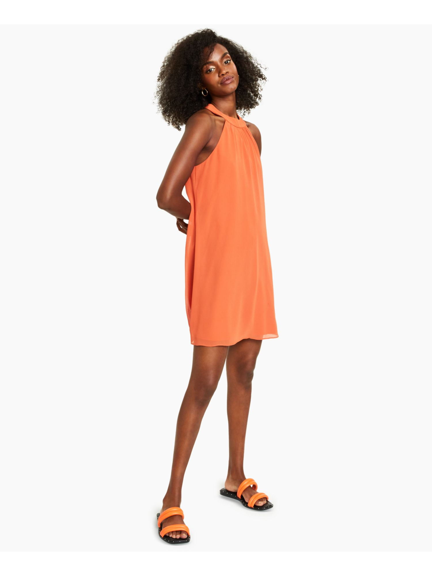 BAR III Womens Orange Pleated Zippered Lined Sleeveless Halter Short  Trapeze Dress M