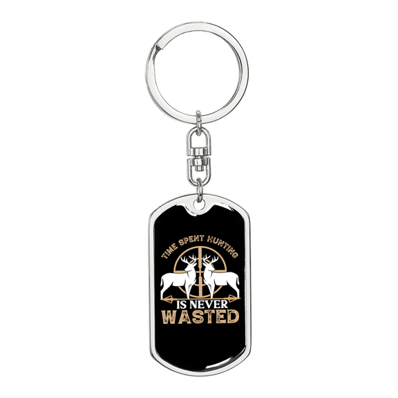 Time Hunting Wasted Stainless Steel or 18k Gold Premium Swivel Dog Tag Keychain