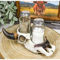 Rustic Western Cow Skull With Roped Horns Salt Pepper Glass Shakers & Holder Set