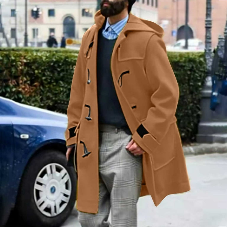 Olyvenn Deals Men Winter Casual Solid Mid-length Wool Overcoat With Horn  Buckles Windbreaker Hooded Coat Trendy Anoraks Windproof Trench Coat Gold  16 