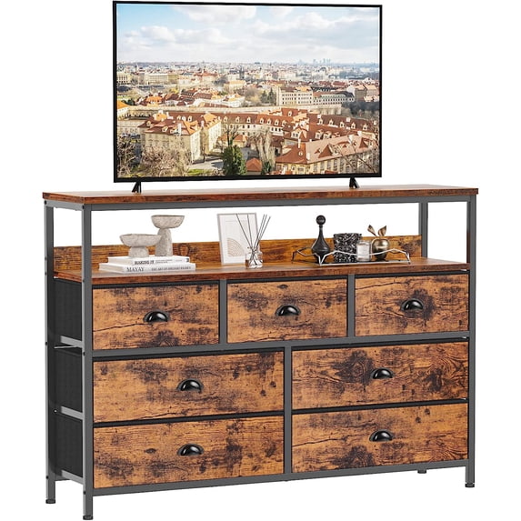 ZXNYH Dresser TV Stand, Console Sofa Table with 7 Drawers and 2-Tier Open Shelves, Entertainment Center for 45" TV, Storage Fabric Drawer Unit for Bedroom, Living Room, Entryway, Rustic Brown