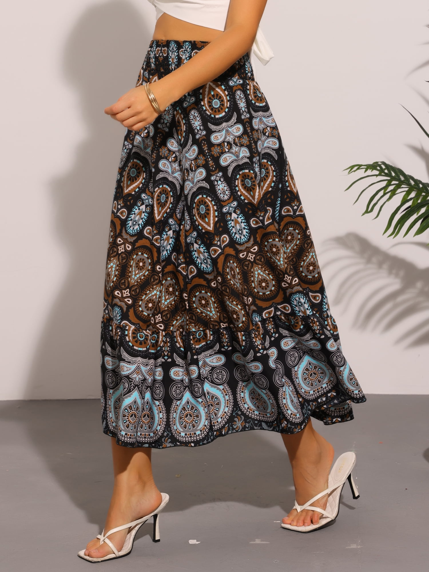 DARING DIVA Women's Boho Floral Casual Beach Flowy Maxi Skirt XS Black