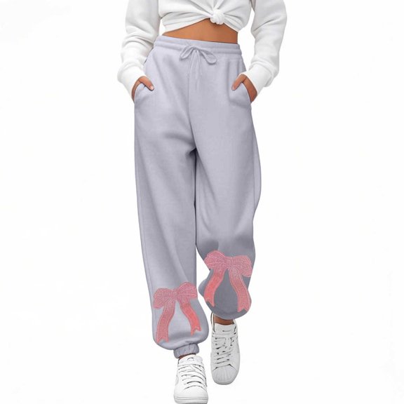 shoper Womens Bow Sweatpants Elastic High Waist Wide Leg Bow Pants Baggy Straight Leg Graphic Lounge Pants Black Sweatpants Embroidered Red Bow Sweat Pants Casual Athletic Joggers with Pockets