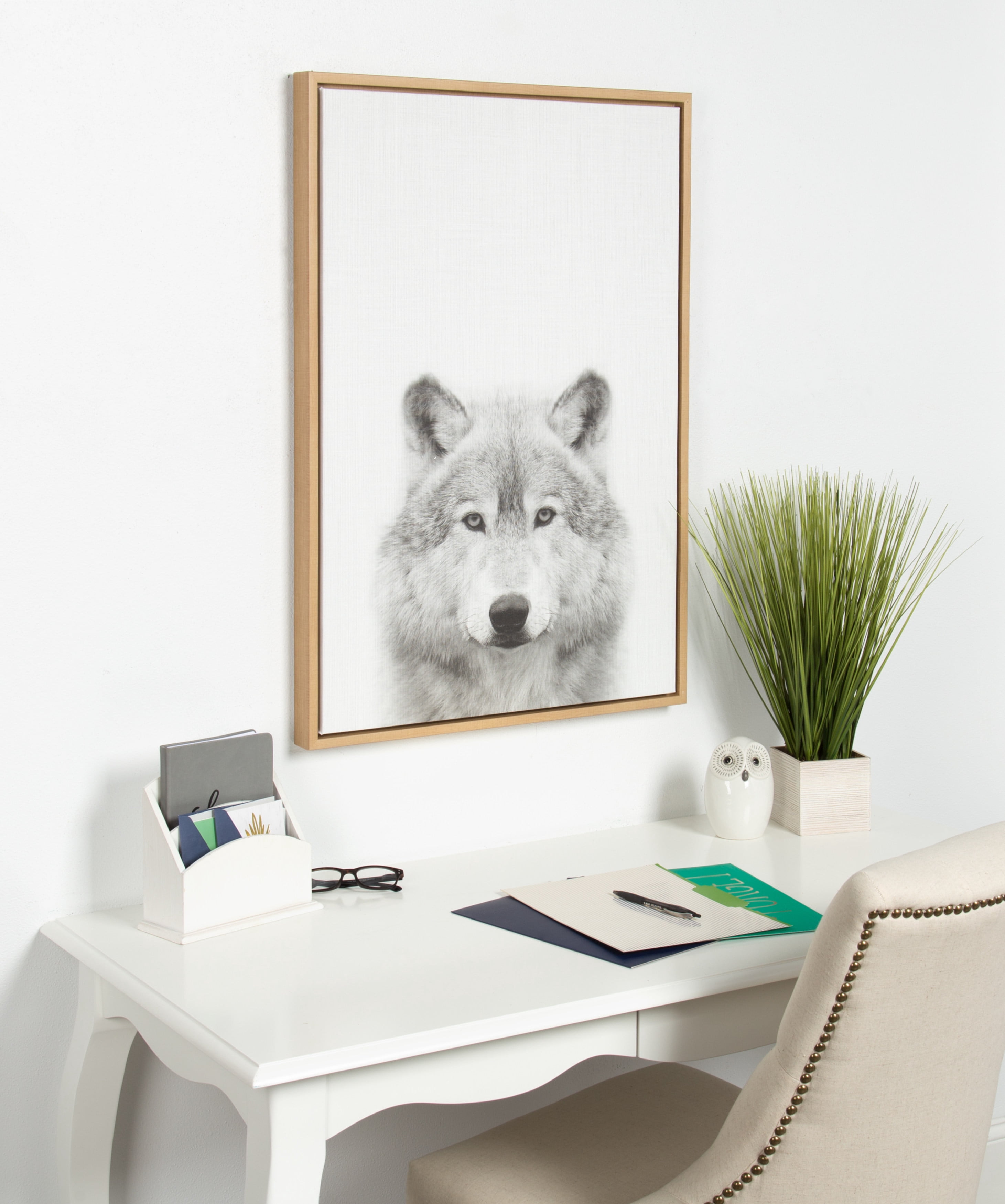Kate and Laurel Sylvie Wolf Animal Print Black and White Portrait Framed Canvas Wall Art by Simon Te Tai, 23x33 Natural
