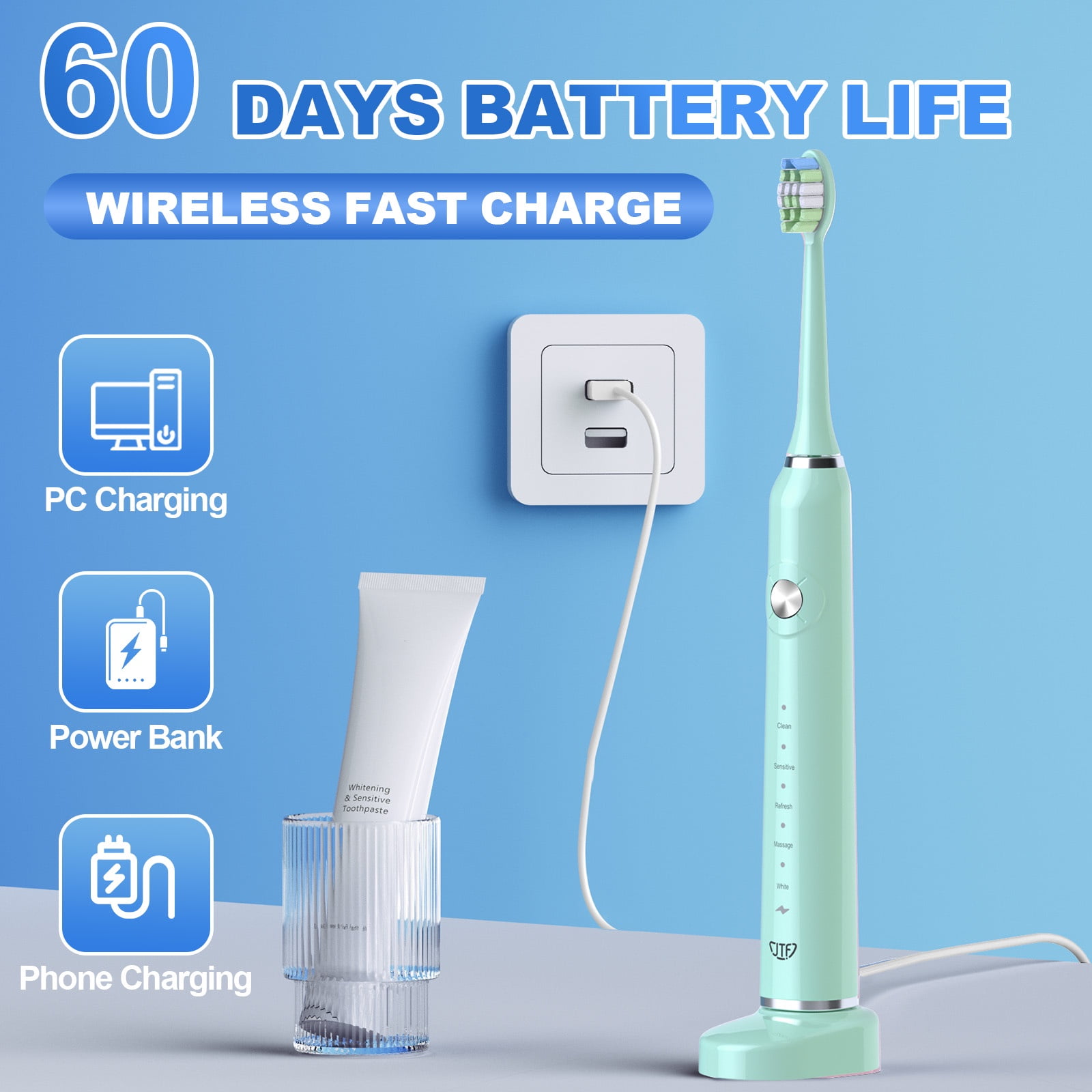 JTF Sonic Electric Toothbrush for Adults and Kids with Travel Case and 6 Brush Heads, 5 Modes 40000 VPM Rechargeable Power Toothbrush with Wireless Charger, IPX7 Waterproof 60-Day Battery Life, Green