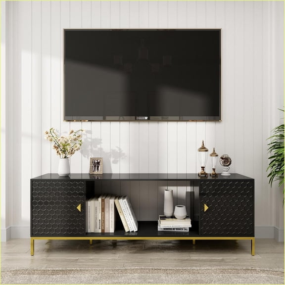 TV Furniture: 70 Inch Modern Media Console with Storage, Electric Fireplace Ready | Black | MDF Iron