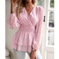 thumbnail image 3 of Blusa elegante de manga larga con cintura fruncida, cuello en V, dobladillo con volantes y jacquard de color puro a la moda para citas, color rosa S, 3 of 8