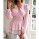 thumbnail image 3 of Blusa elegante de manga larga con cintura fruncida, cuello en V, dobladillo con volantes y jacquard de color puro a la moda para citas, color rosa L, 3 of 8