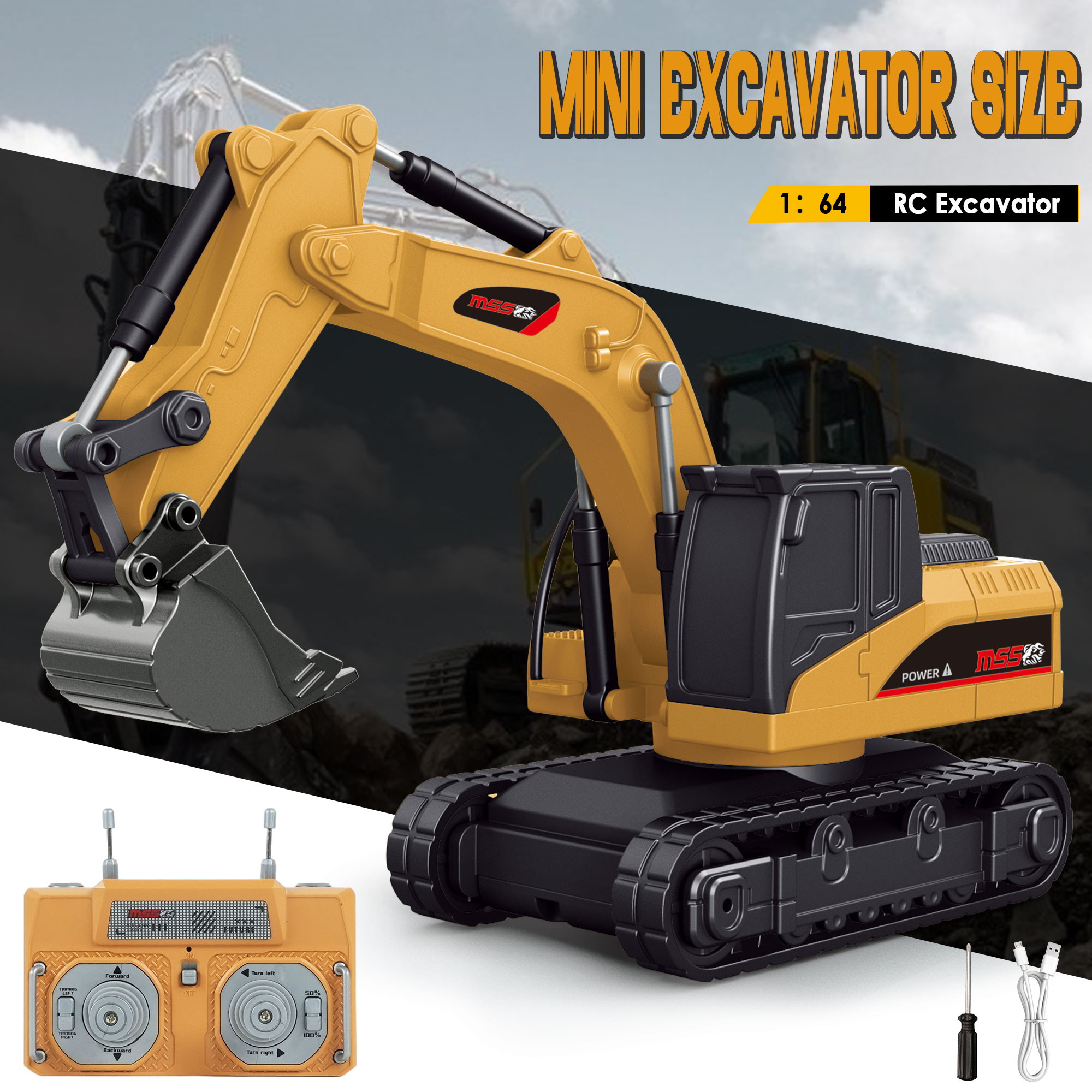 BRRRRT 1/64 Mini Remote Control Excavator, 2.4Ghz Remote Control Construction Vehicles with Metal Shovel, RC Excavator Birthday Gifts for Boys and Girls Age 3+