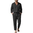 thumbnail image 2 of Men's Linen Blend Camp Collar Long Sleeve Shirt and Drawstring Pants Two Piece Outfit Black S, 2 of 7