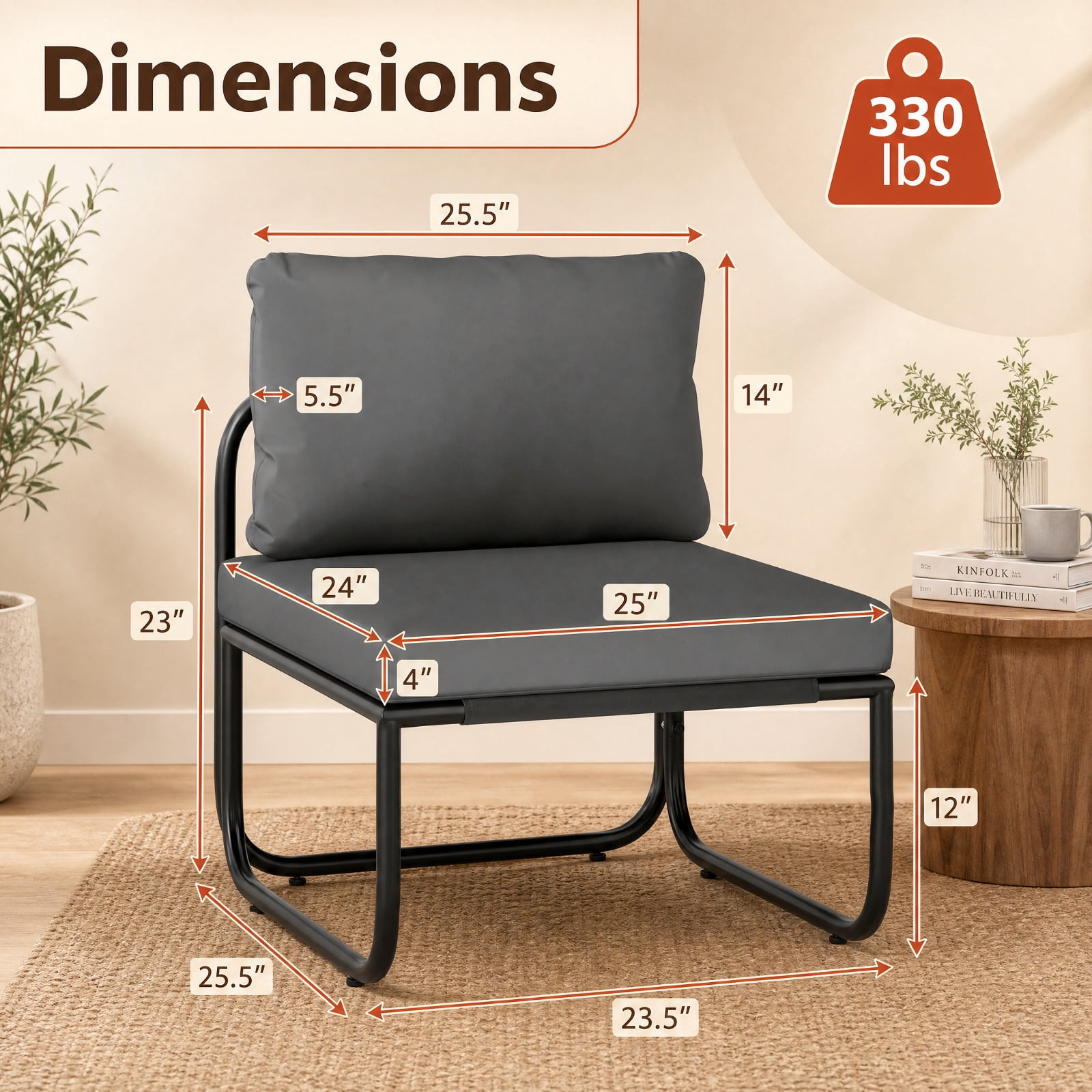 Furnibear Outdoor Patio Chairs Set of 2 with Removable Machine Washable Cushions Metal Frame and Adjustable Foot Pads for Backyard, Gray