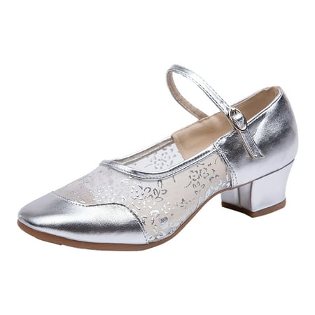 

PMUYBHF Female Wedge Sandals for Women Women s Middle Heel Mesh Buckle Latin Dance Shoes Single Shoe Dance Shoes 39 Silver