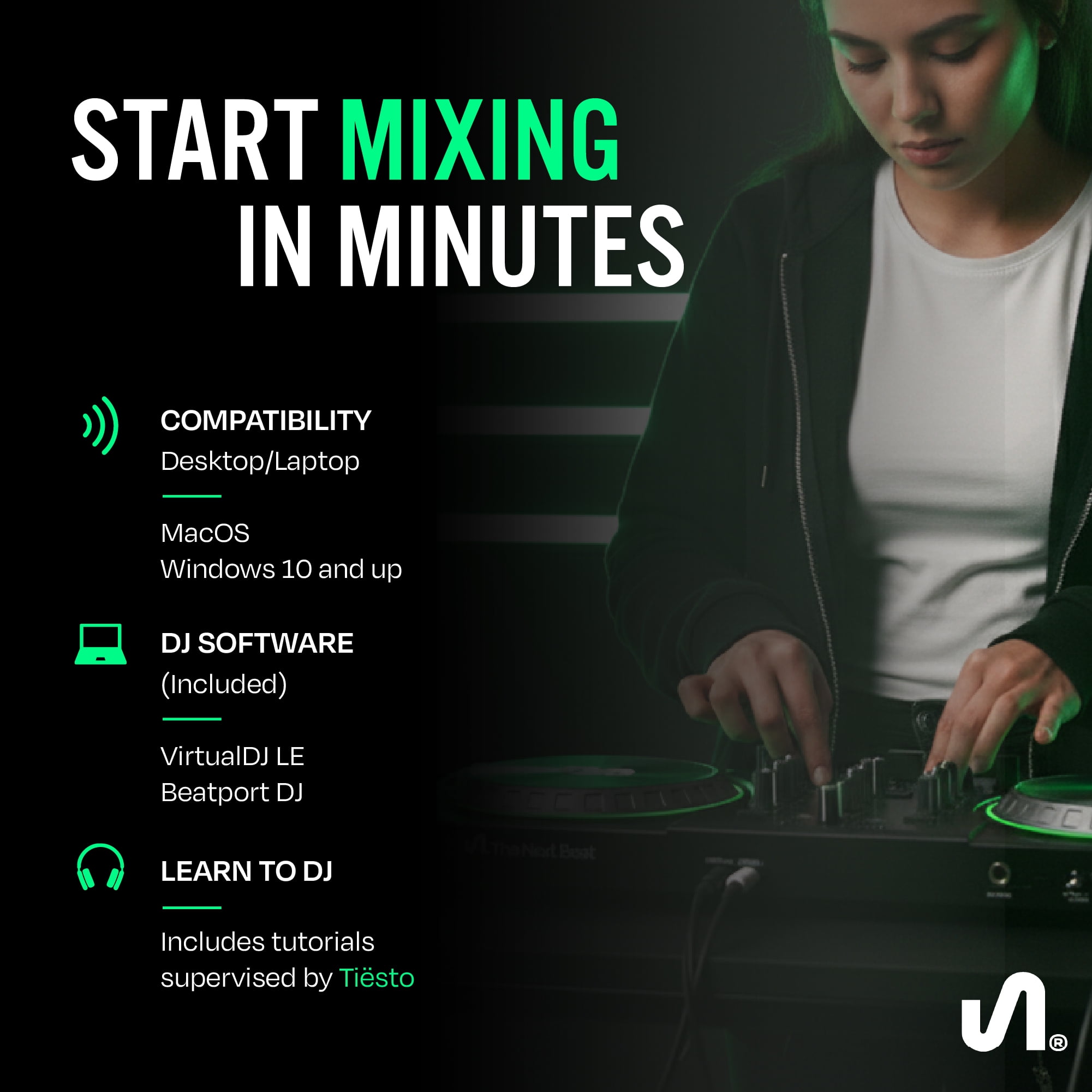 The Next Beat by Tiesto DJ Controller, DJ Control Deck with Audio Mixer & Beat Match, SX1