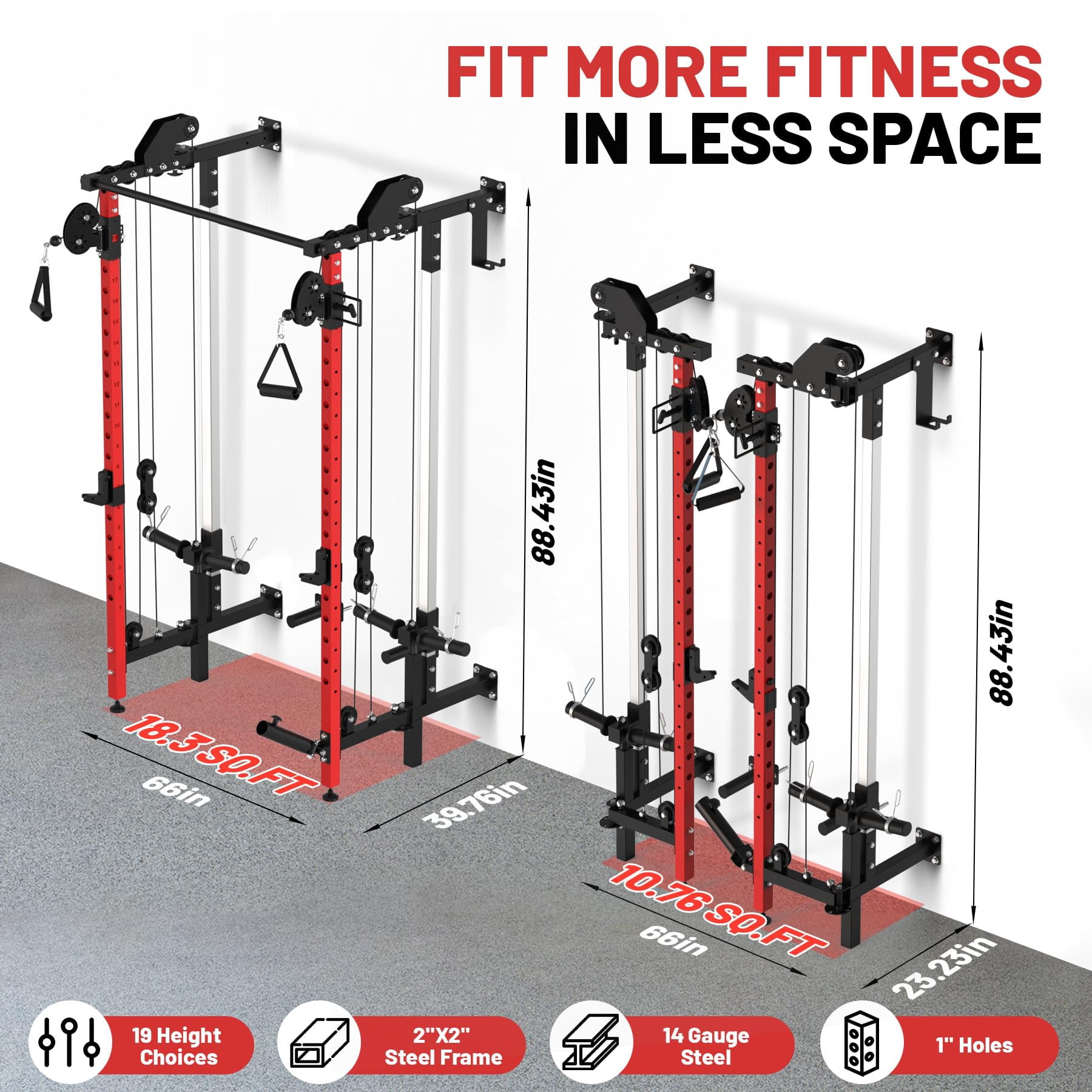 COZONY Folding Wall Mounted Squat Rack with Dual Pulley System & Pull Up Bar, Multi-Function Power Cage for Home Gym,Red