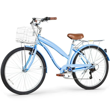 hykolity 26 inch Cruiser Bike Beach Bicycle City Bike Commuter Cycling 7 Speed for Adult Women Height 60-72 inch Front Basket Rear Rack Aquamarine