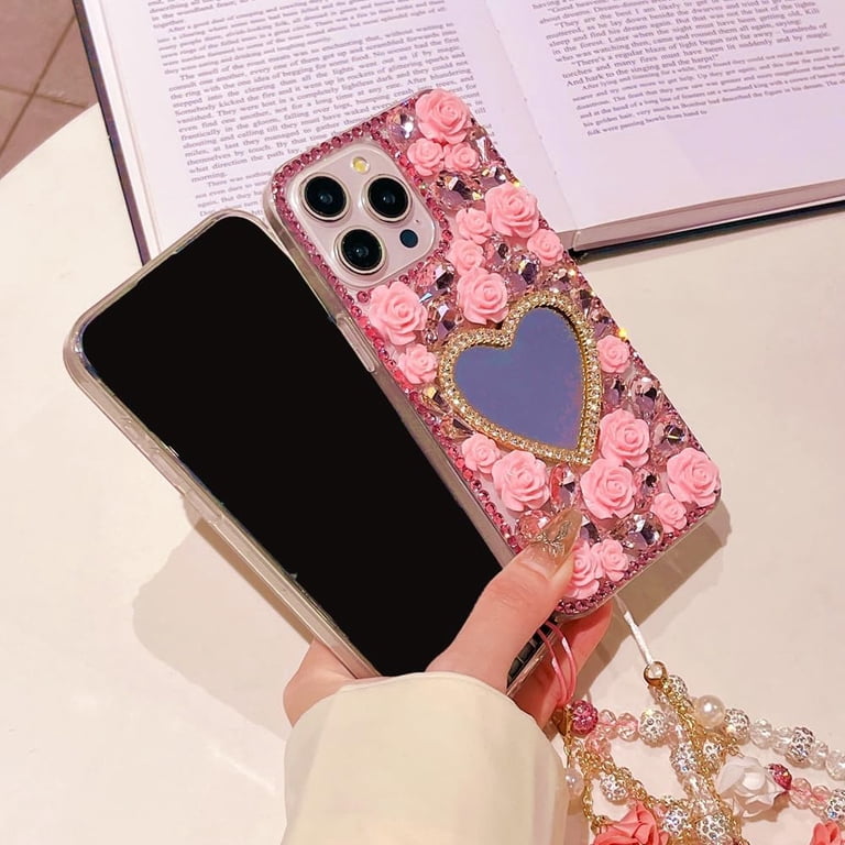 for iPhone 16 Pro Max Case Bling Diamond Case with Flower Strap